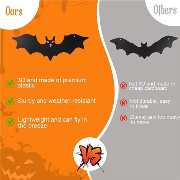 25Pcs Halloween Hanging Bats Decor, Large Plastic Flying Bats with Glowing Eyes - Picture 7 of 8